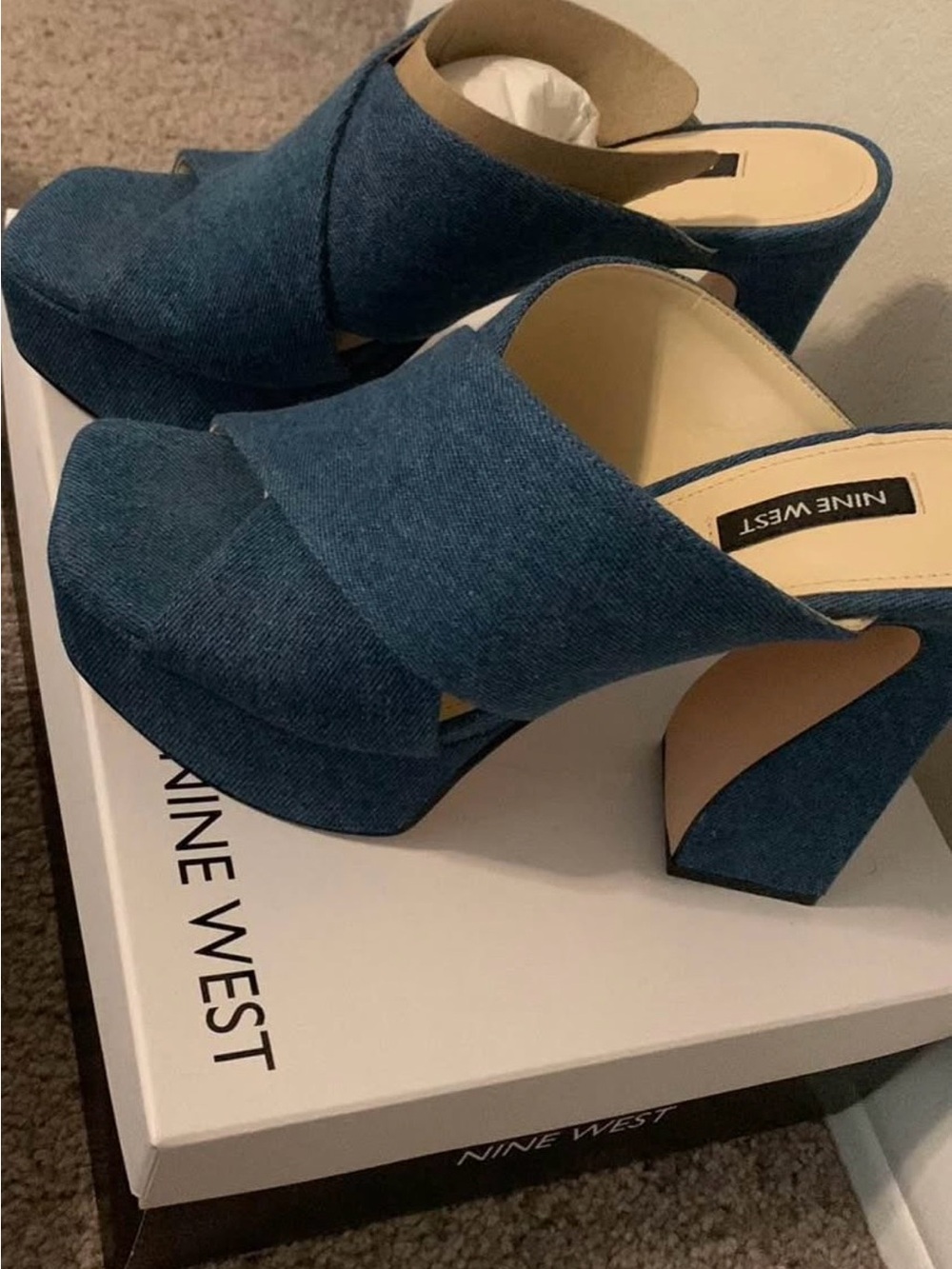 Nine West Blue Denim Crisscross Platform Mules